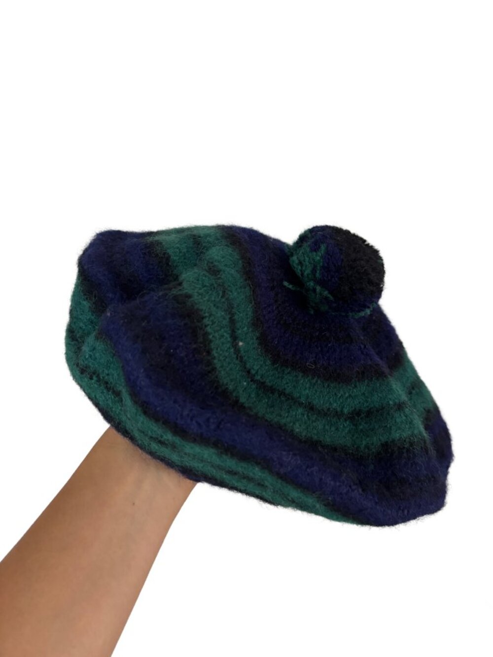 Black Watch 100% Wool Scotland Blue Green Tartan Plaid Pom Pom Cozy Beret Hat